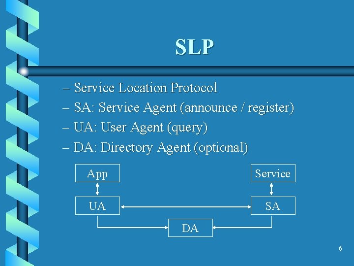 SLP – Service Location Protocol – SA: Service Agent (announce / register) – UA: