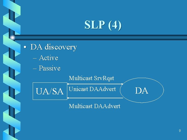 SLP (4) • DA discovery – Active – Passive Multicast Srv. Rqst UA/SA Unicast
