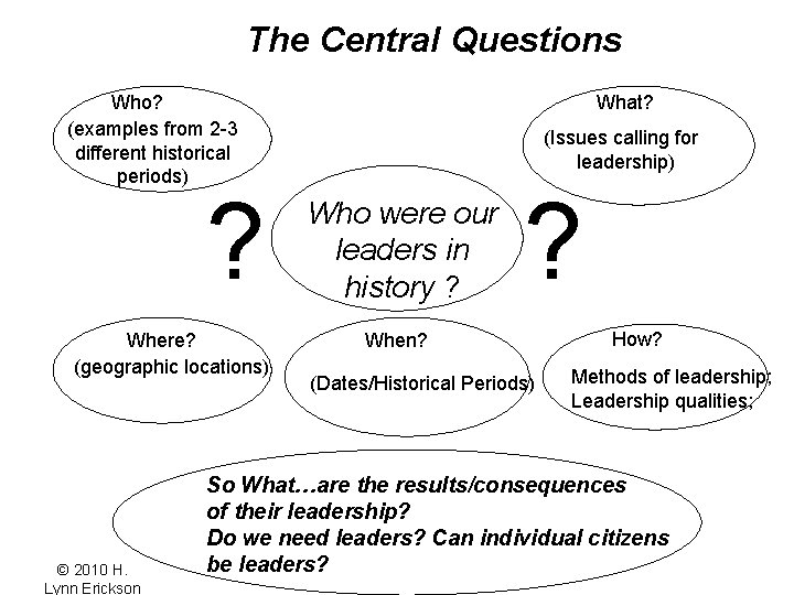 The Central Questions Who? (examples from 2 -3 different historical periods) ? Where? (geographic