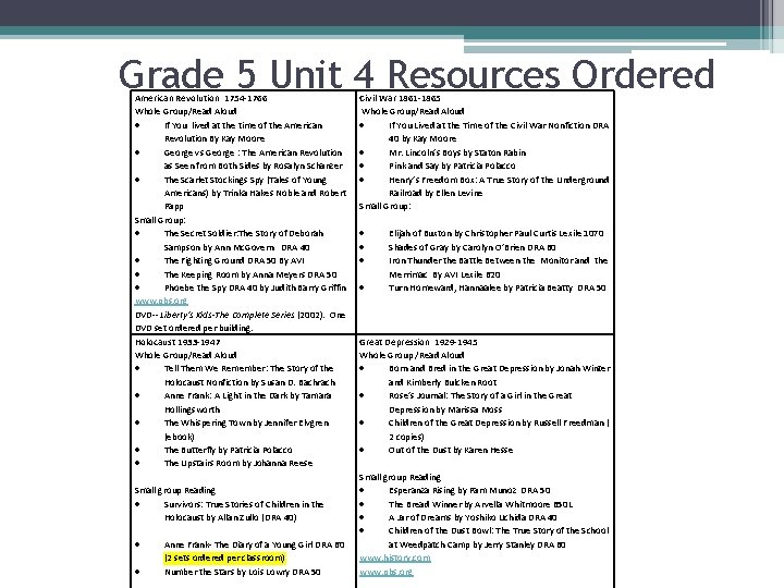 Grade 5 Unit 4 Resources Ordered American Revolution 1754 -1766 Whole Group/Read Aloud If