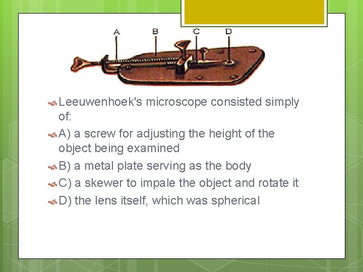  Leeuwenhoek's microscope consisted simply of: A) a screw for adjusting the height of