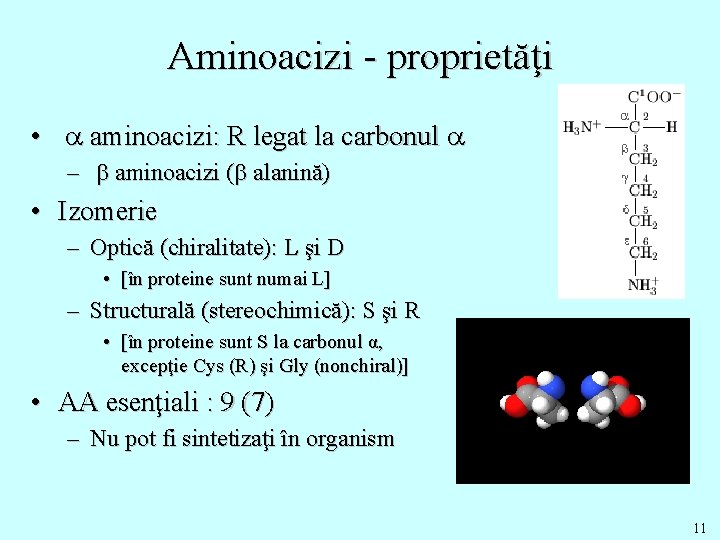 Aminoacizi - proprietăţi • a aminoacizi: R legat la carbonul a – b aminoacizi