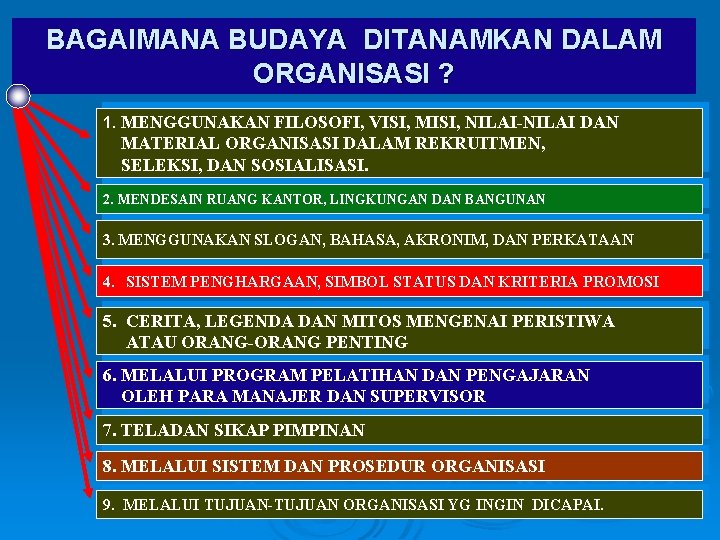 BAGAIMANA BUDAYA DITANAMKAN DALAM ORGANISASI ? 1. MENGGUNAKAN FILOSOFI, VISI, MISI, NILAI-NILAI DAN MATERIAL
