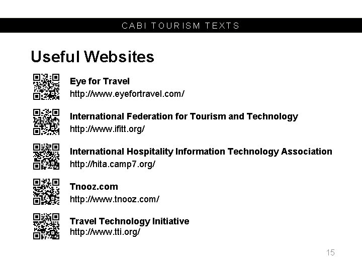 CABI TOURISM TEXTS Useful Websites Eye for Travel http: //www. eyefortravel. com/ International Federation