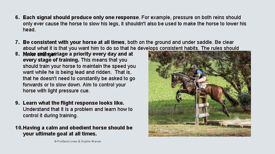6. Each signal should produce only one response. For example, pressure on both reins
