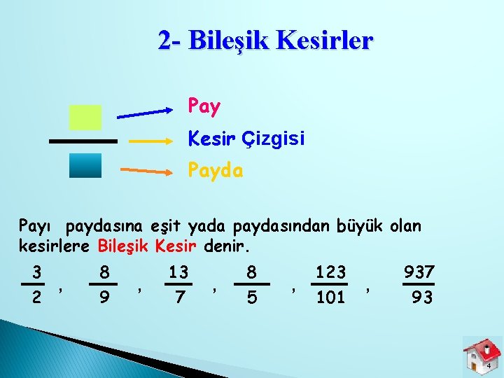 2 - Bileşik Kesirler Pay Kesir Çizgisi Payda Payı paydasına eşit yada paydasından büyük