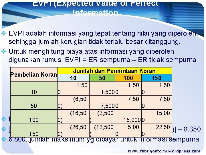 EVPI (Expected Value of Perfect Information v EVPI adalah informasi yang tepat tentang nilai