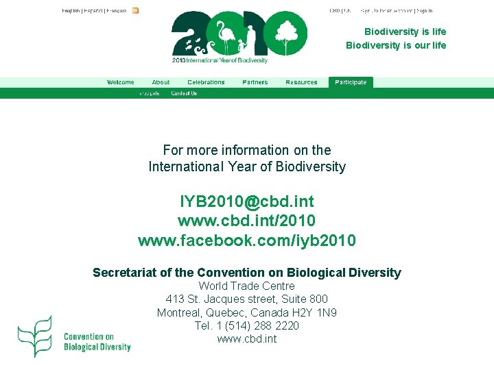 Biodiversity is life Biodiversity is our life For more information on the International Year