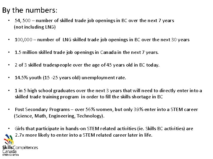By the numbers: • 54, 500 – number of skilled trade job openings in