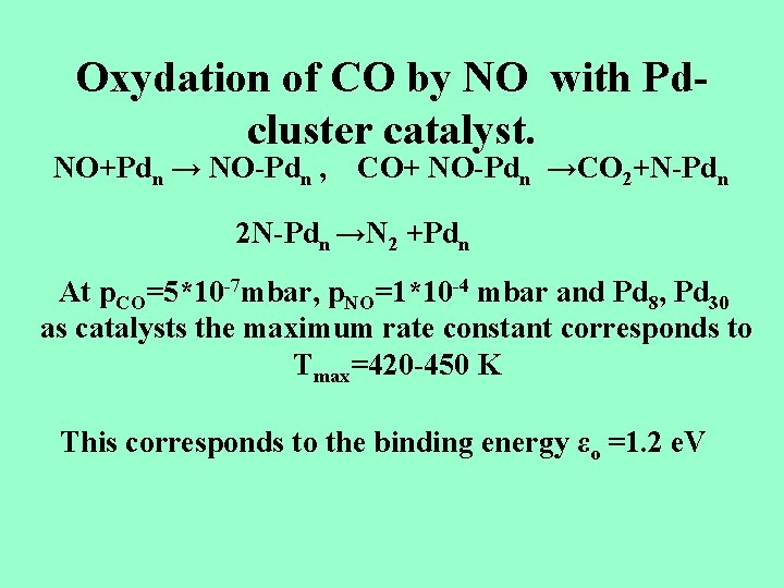 Oxydation of CO by NO with Pdcluster catalyst. NO+Pdn → NO-Pdn , CO+ NO-Pdn