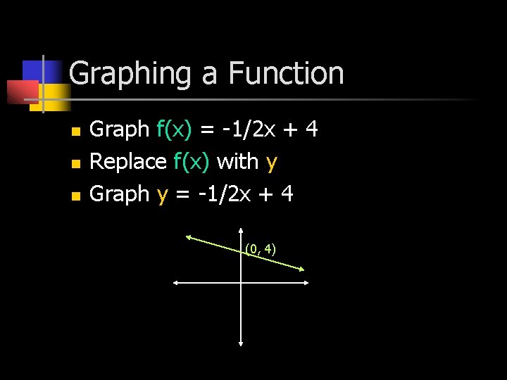 Graphing a Function n Graph f(x) = -1/2 x + 4 Replace f(x) with