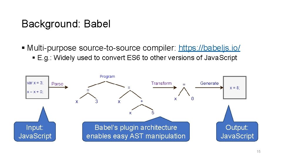 Background: Babel § Multi-purpose source-to-source compiler: https: //babeljs. io/ § E. g. : Widely