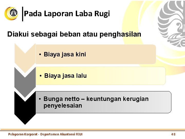 Pada Laporan Laba Rugi Diakui sebagai beban atau penghasilan • Biaya jasa kini •