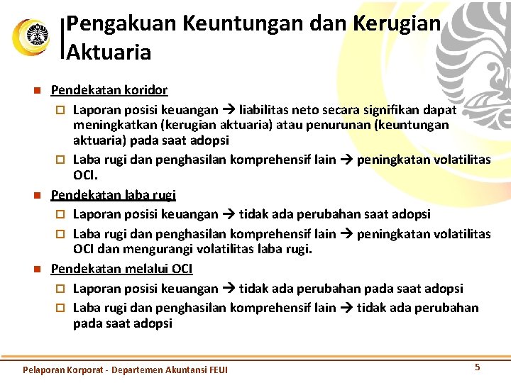 Pengakuan Keuntungan dan Kerugian Aktuaria n n n Pendekatan koridor ¨ Laporan posisi keuangan