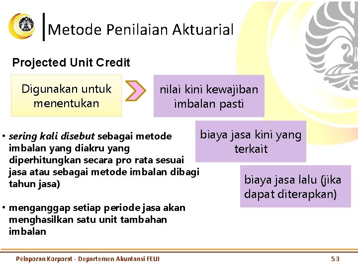 Metode Penilaian Aktuarial Projected Unit Credit Digunakan untuk menentukan nilai kini kewajiban imbalan pasti