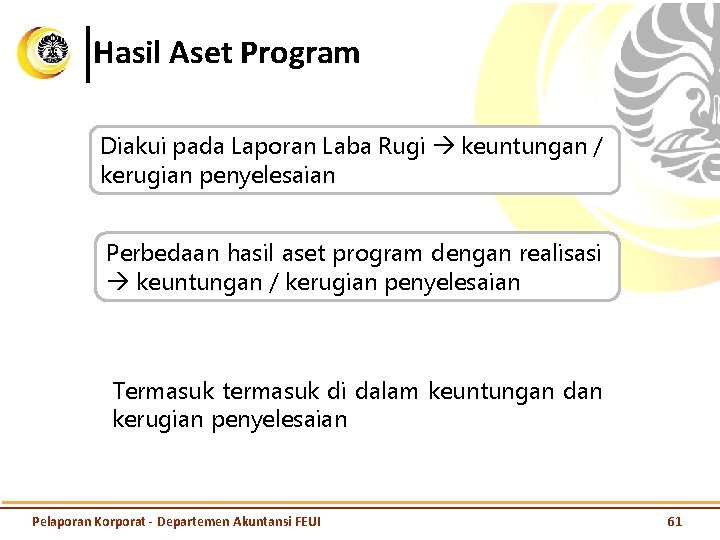 Hasil Aset Program Diakui pada Laporan Laba Rugi keuntungan / kerugian penyelesaian Perbedaan hasil