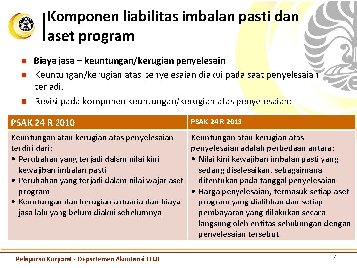 Komponen liabilitas imbalan pasti dan aset program n n n Biaya jasa – keuntungan/kerugian