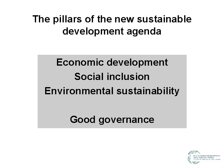 The pillars of the new sustainable development agenda Economic development Social inclusion Environmental sustainability