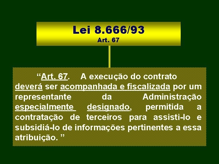 Lei 8. 666/93 Art. 67 “Art. 67. A execução do contrato deverá ser acompanhada