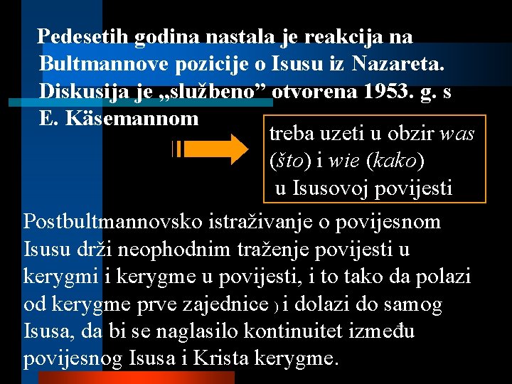 Pedesetih godina nastala je reakcija na Bultmannove pozicije o Isusu iz Nazareta. Diskusija je