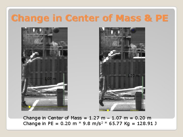 Change in Center of Mass & PE Change in Center of Mass = 1.