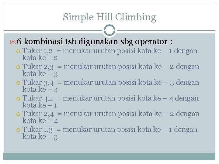 Simple Hill Climbing 6 kombinasi tsb digunakan sbg operator : Tukar 1, 2 = Simple Hill Climbing 6 kombinasi tsb digunakan sbg operator : Tukar 1, 2 =