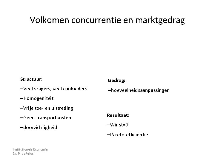 Volkomen concurrentie en marktgedrag Structuur: Gedrag: –Veel vragers, veel aanbieders –hoeveelheidsaanpassingen –Homogeniteit –Vrije toe-