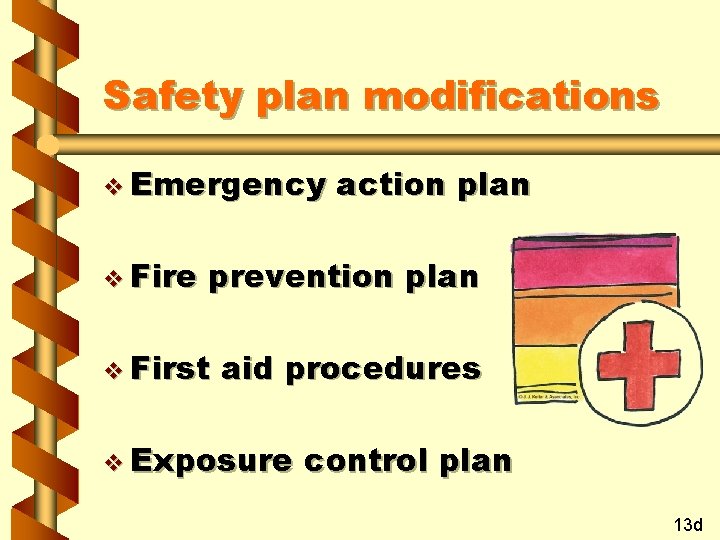 Safety plan modifications v Emergency v Fire action plan prevention plan v First aid