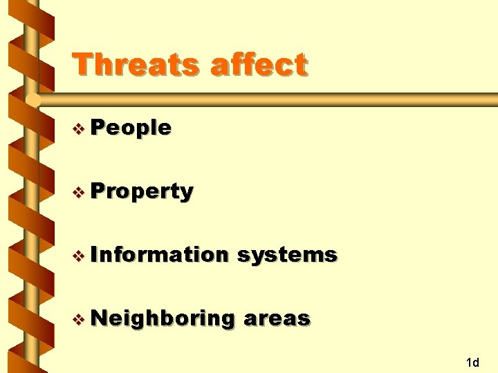Threats affect v People v Property v Information v Neighboring systems areas 1 d