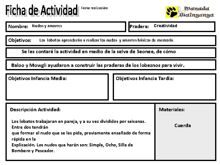 Fecha realización: Nombre: Objetivos: Nudos y amarres Pradera: Creatividad Los lobatos aprenderán a realizar