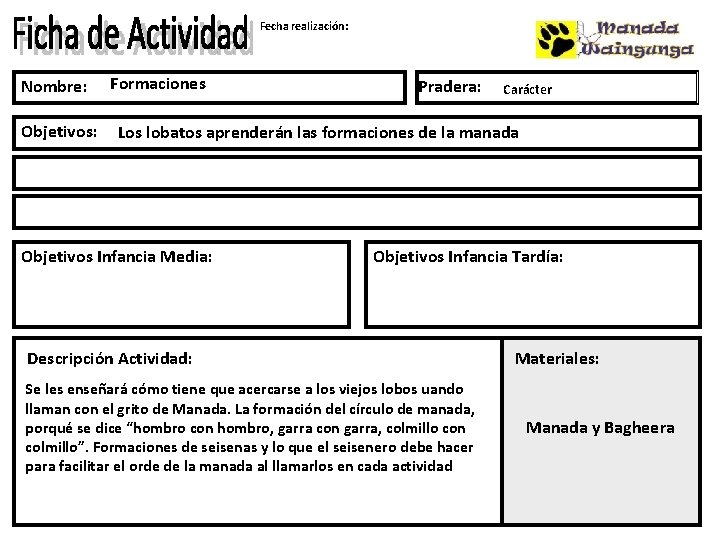 Fecha realización: Nombre: Objetivos: Formaciones Pradera: Carácter Los lobatos aprenderán las formaciones de la