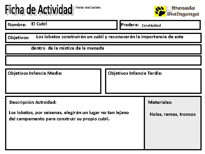 Fecha realización: Nombre: El Cubil Objetivos: Pradera: Creatividad Los lobatos construirán un cubil y