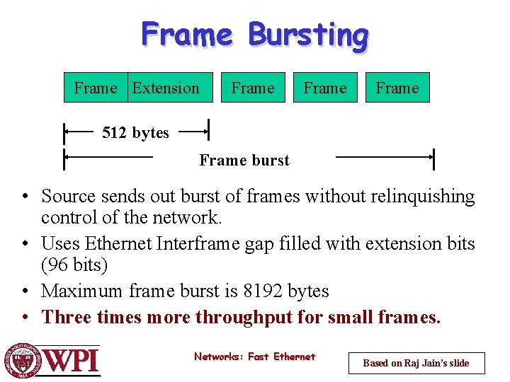 Frame Bursting Frame Extension Frame 512 bytes Frame burst • Source sends out burst