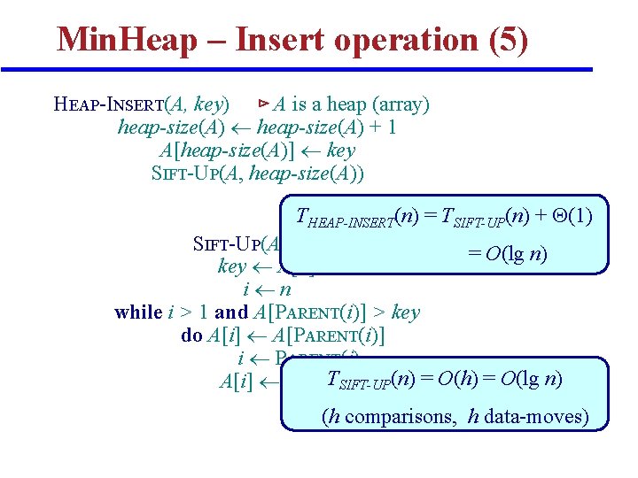 Min. Heap – Insert operation (5) HEAP-INSERT(A, key) ⊳ A is a heap (array) Min. Heap – Insert operation (5) HEAP-INSERT(A, key) ⊳ A is a heap (array)