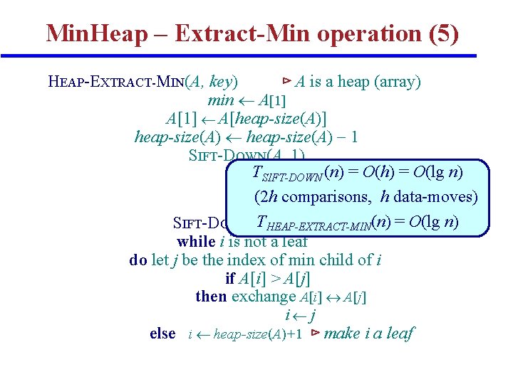 Min. Heap – Extract-Min operation (5) HEAP-EXTRACT-MIN(A, key) ⊳ A is a heap (array) Min. Heap – Extract-Min operation (5) HEAP-EXTRACT-MIN(A, key) ⊳ A is a heap (array)