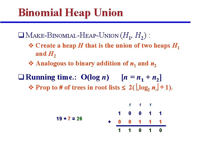 Binomial Heap Union q MAKE-BINOMIAL-HEAP-UNION (H 1, H 2) : v Create a heap Binomial Heap Union q MAKE-BINOMIAL-HEAP-UNION (H 1, H 2) : v Create a heap