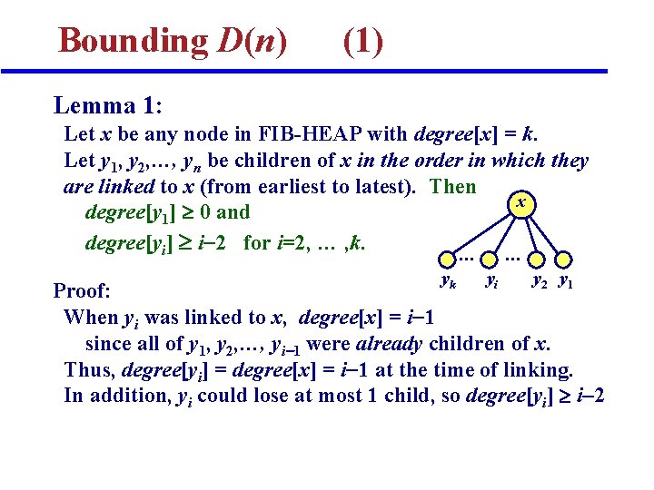 Bounding D(n) (1) Lemma 1: Let x be any node in FIB-HEAP with degree[x]