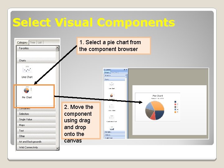 Select Visual Components 1. Select a pie chart from the component browser 2. Move