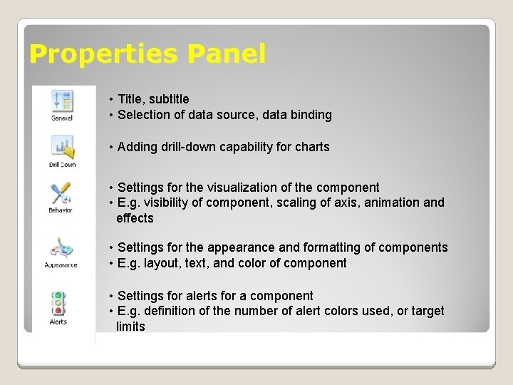 Properties Panel • Title, subtitle • Selection of data source, data binding • Adding