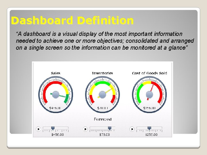 Dashboard Definition “A dashboard is a visual display of the most important information needed