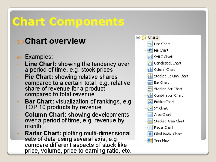 Chart Components Chart • • • overview Examples: Line Chart: showing the tendency over