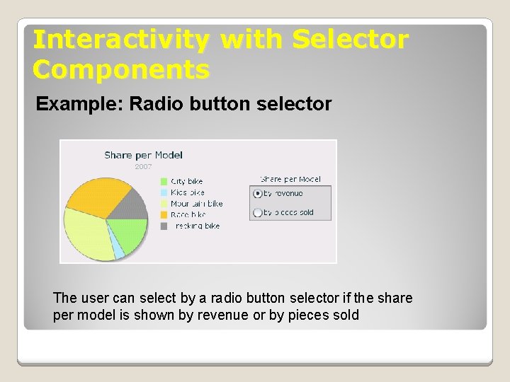 Interactivity with Selector Components Example: Radio button selector The user can select by a