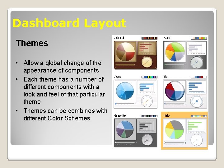 Dashboard Layout Themes • Allow a global change of the appearance of components •