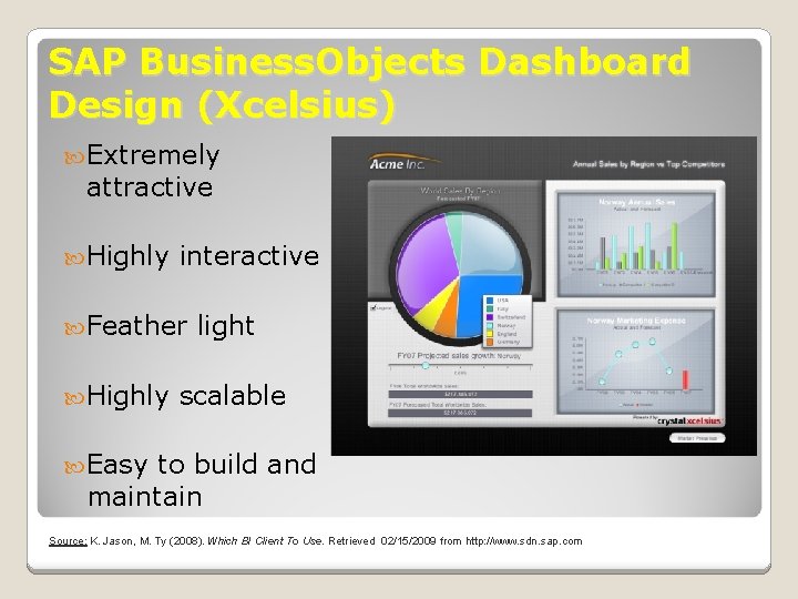 SAP Business. Objects Dashboard Design (Xcelsius) Extremely attractive Highly interactive Feather Highly light scalable