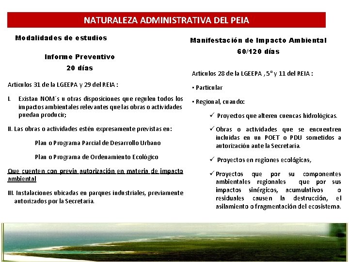 NATURALEZA ADMINISTRATIVA DEL PEIA Modalidades de estudios Manifestación de Impacto Ambiental 60/120 días Informe