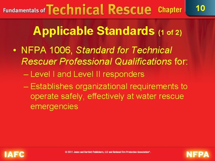 10 Applicable Standards (1 of 2) • NFPA 1006, Standard for Technical Rescuer Professional