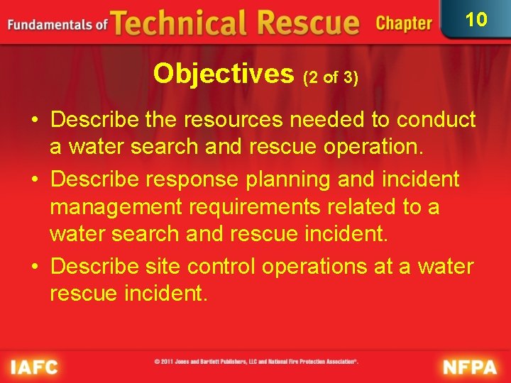 10 Objectives (2 of 3) • Describe the resources needed to conduct a water