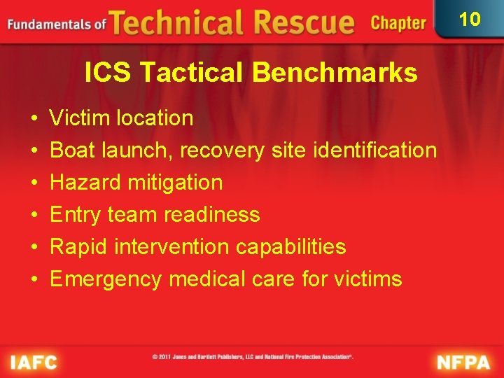 10 ICS Tactical Benchmarks • • • Victim location Boat launch, recovery site identification
