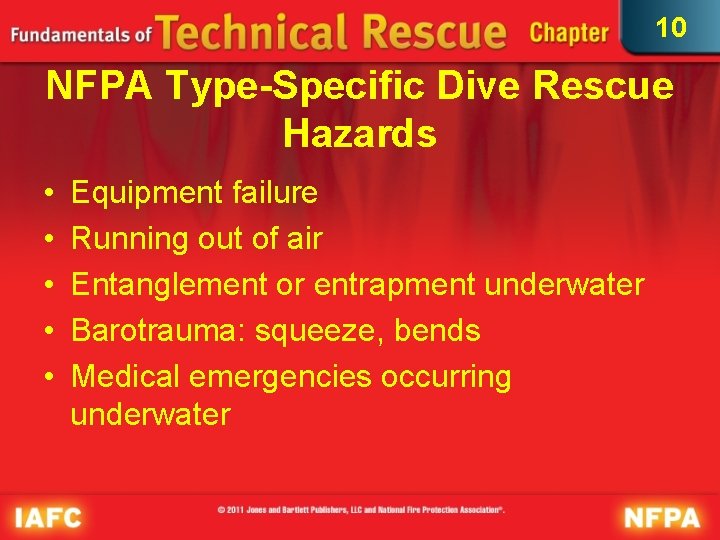 10 NFPA Type-Specific Dive Rescue Hazards • • • Equipment failure Running out of