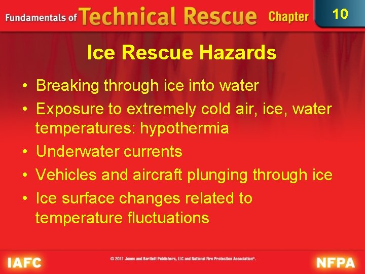 10 Ice Rescue Hazards • Breaking through ice into water • Exposure to extremely